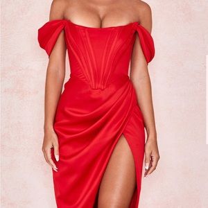 LORETTA RED SATIN OFF SHOULDER DRESS